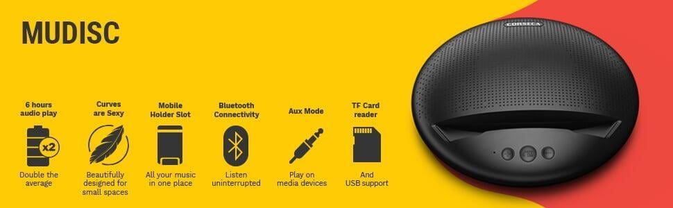 Corseca MuDisc 5W Portable Wireless Bluetooth Deep Bass Stereo Speaker amazing features