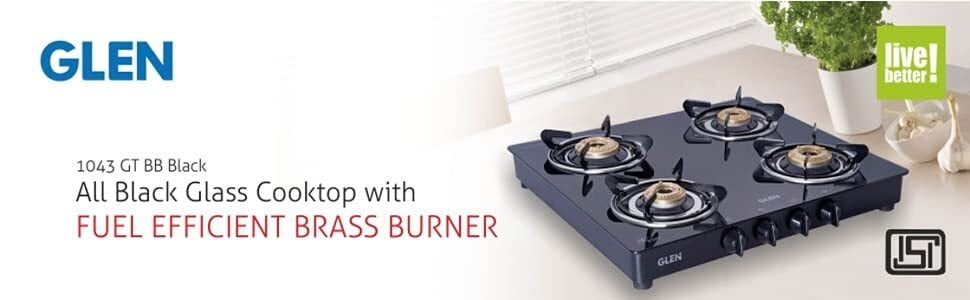 Glen 4 Burner Gas Stove 1043 GT Brass Burner Black Cooktop fuel efficient brass burners